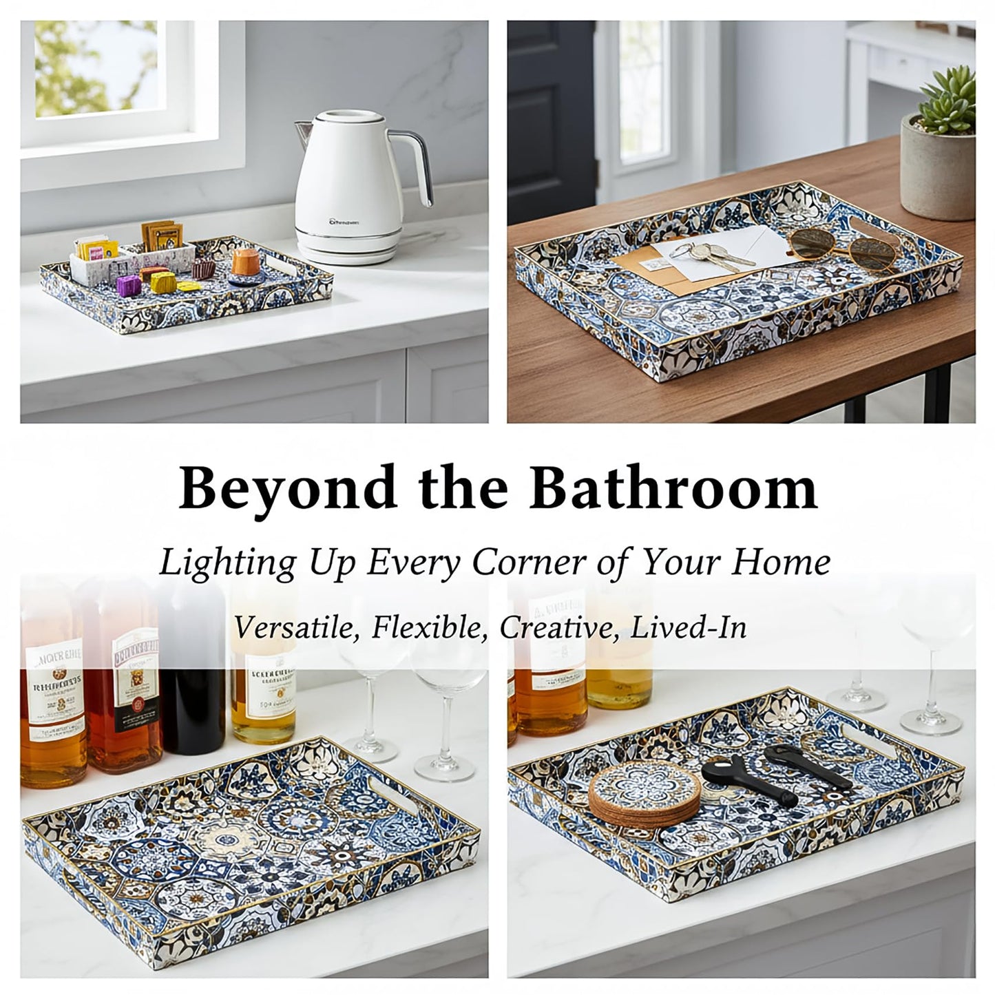 Hiceeden Set of 2 Decorative Serving Trays with Handles, Boho Tea Trays Ottoman Trays for Serving, Modern Plastic Coffee Table Tray for Living Room, Kitchen, Bathroom, Rectangle, Blue