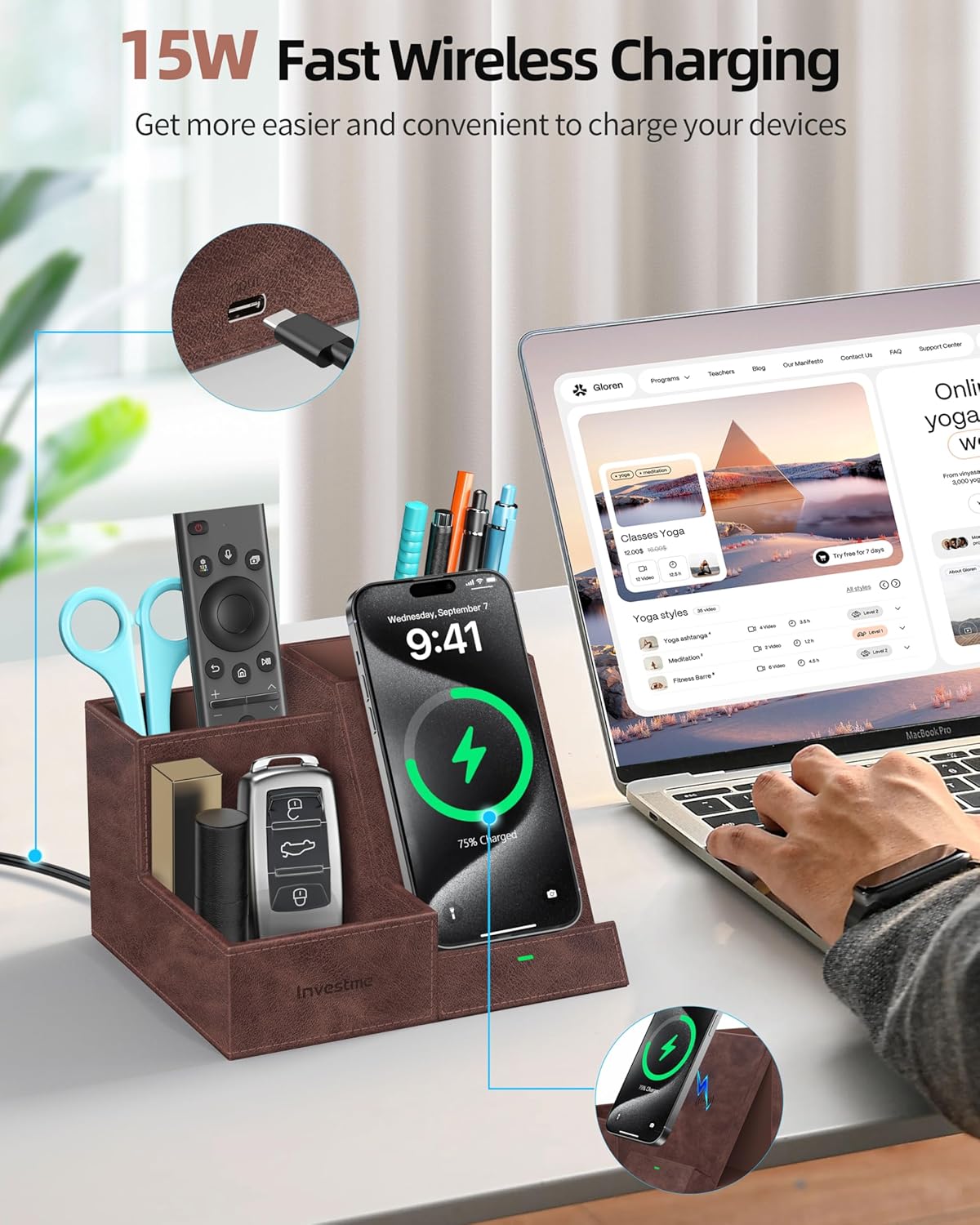 Wireless Charger with Desk Organizer, Pen Pencil Holder, Multifunctional Desktop Organizer, Office Supplies and Desk Accessories Organizer with 3 Compartments and 1 Phone Stand, Dark Brown