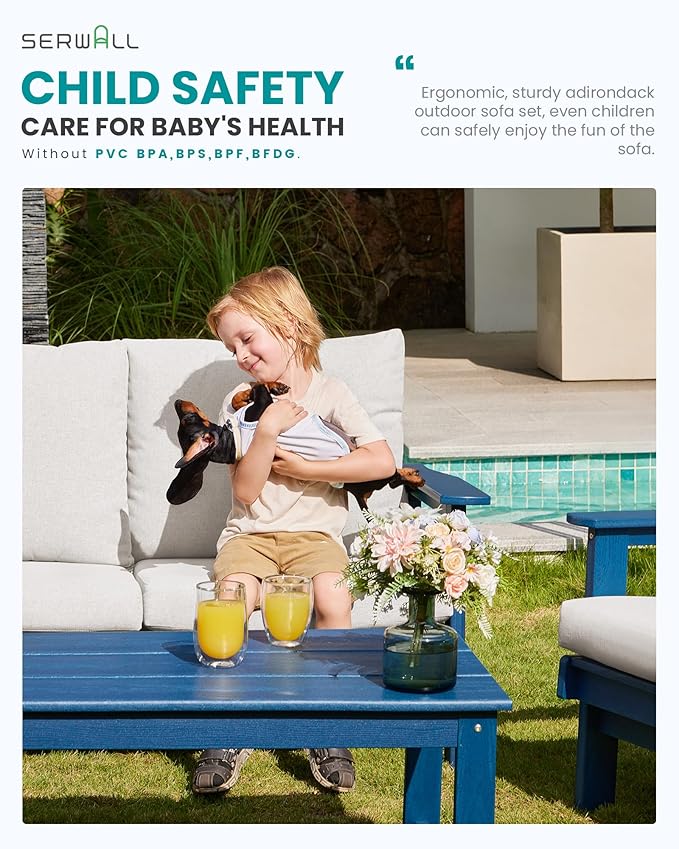 SERWALL HDPE Outdoor Patio Loveseat, Blue Frame and Khaki Cushion