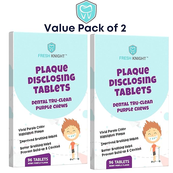 Plaque Disclosing Tablets for Teeth, 96 Count, Dental Disclosing Tablets for Kids or Adults, Shows Plaque, Helps Teach Kids Teeth-Brushing Habits for Clean Smile, by Fresh Knight, (Pack of 2)