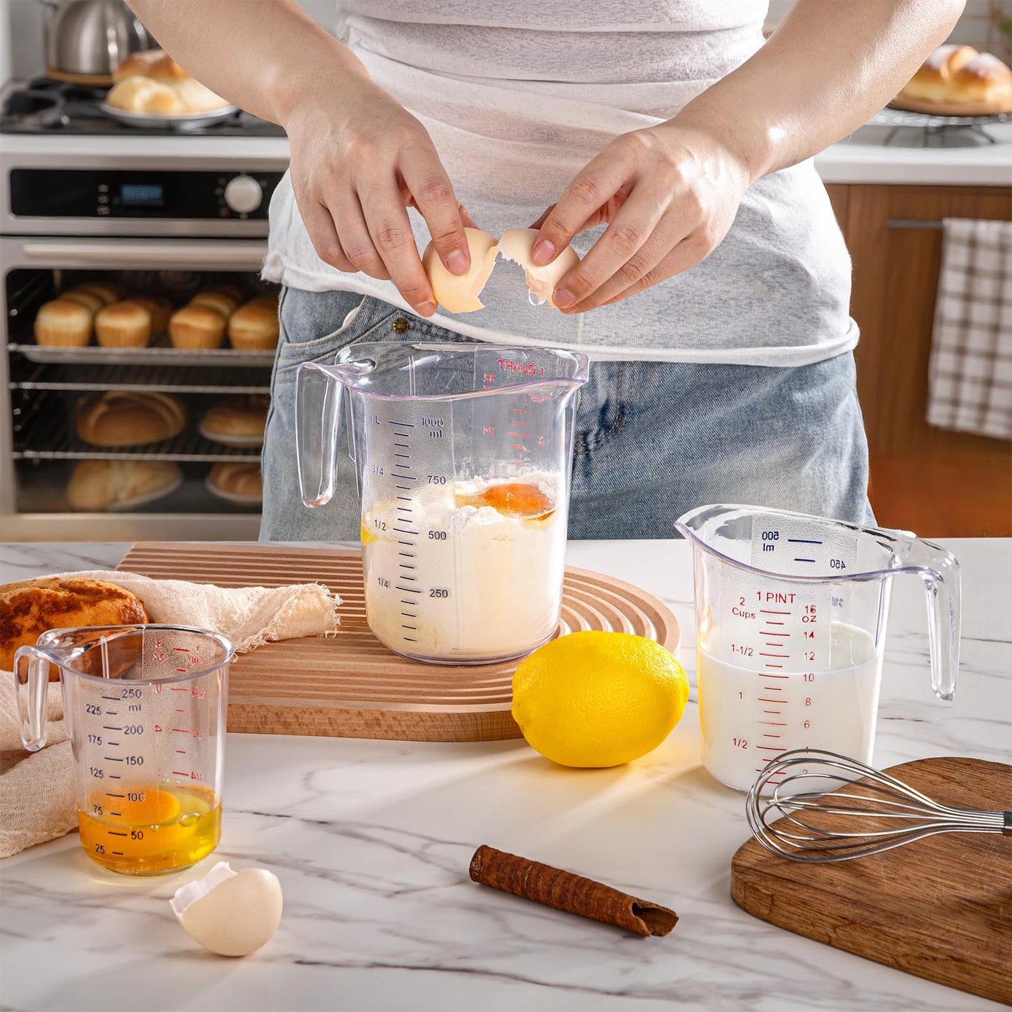 DaYammi Measuring Cups 3-Piece, Unbreakable Food-Grade Plastic Measuring Cup for Dishwasher, 1/2/4-Cup Nesting Liquid Measuring Cups for Prepping, Baking, Cooking, Readable Markings, Clear