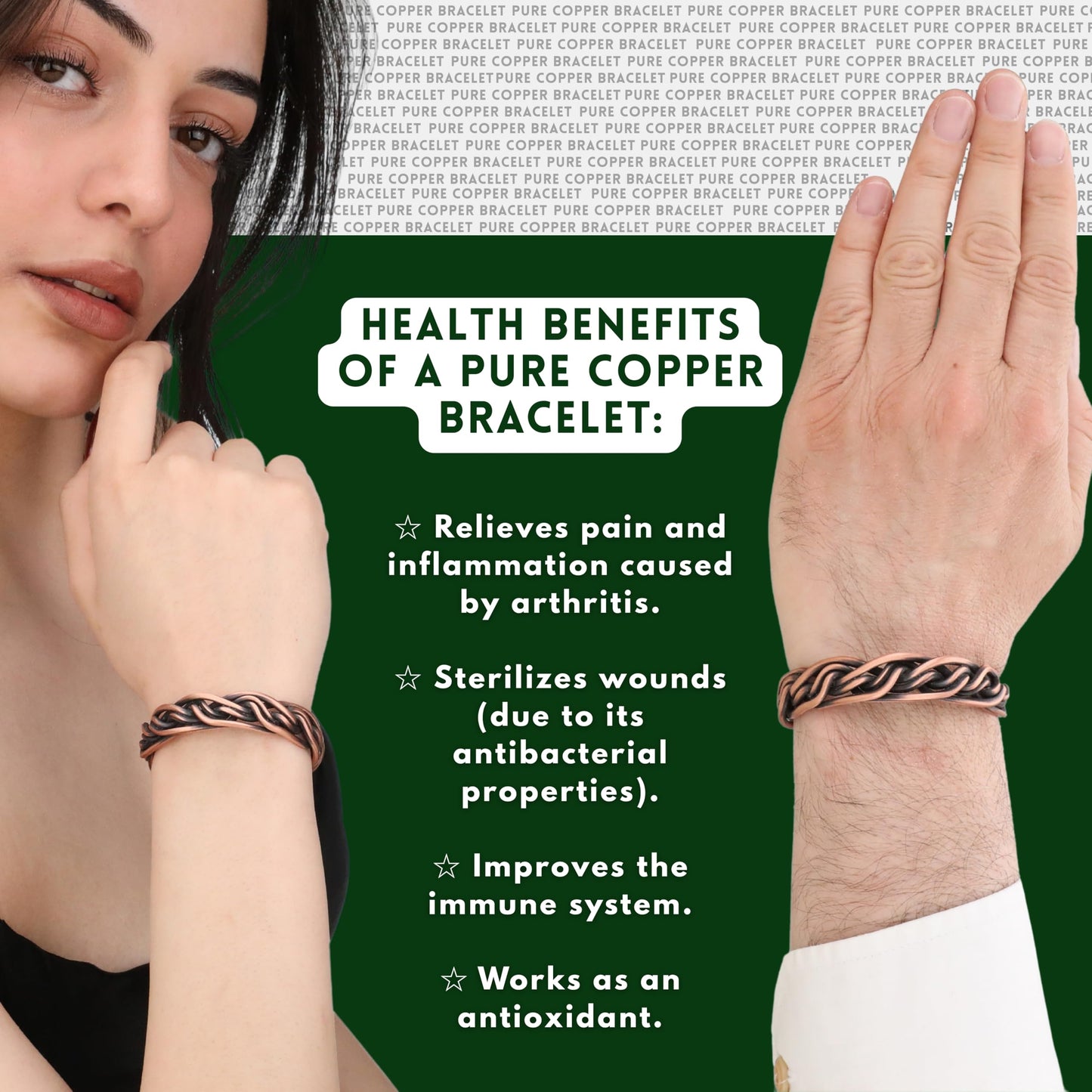 Handmade Elegant Copper Bracelet for Women and Men-Pure Copper Bracelet for Pain Relief and Stress Relief-Adjustable, Thickest, Twisted Copper Wire Bracelet to Fit many Size Wrist(folded) (intricate)