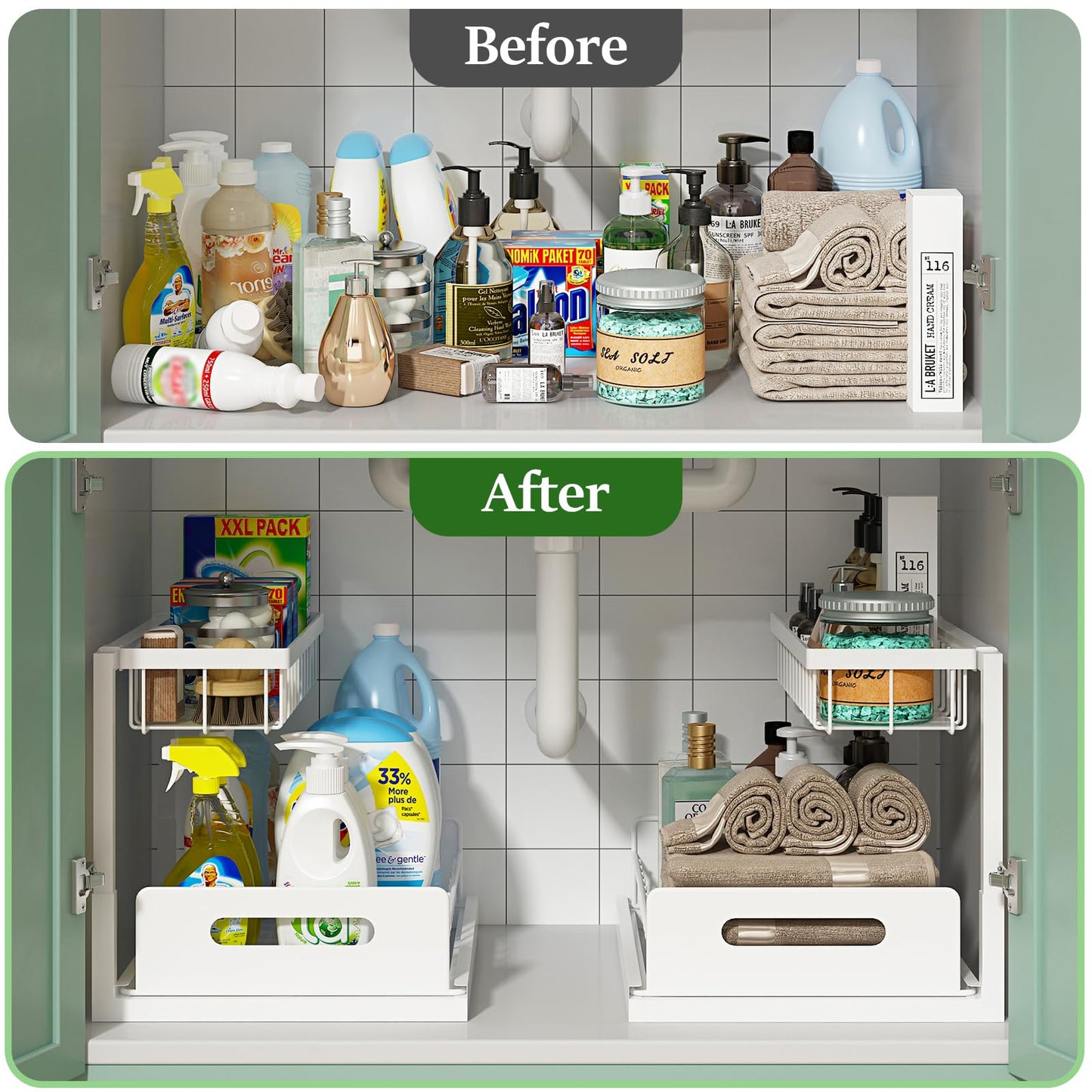 REALINN Under Sink Organizer, Pull Out Cabinet Organizer, 2 Tier Metal Slide Out Shelf with L Shaped Design, Under Cabinet Storage for Kitchen, Bathroom, Laundry, Deep Cabinet Shelf Storage, White