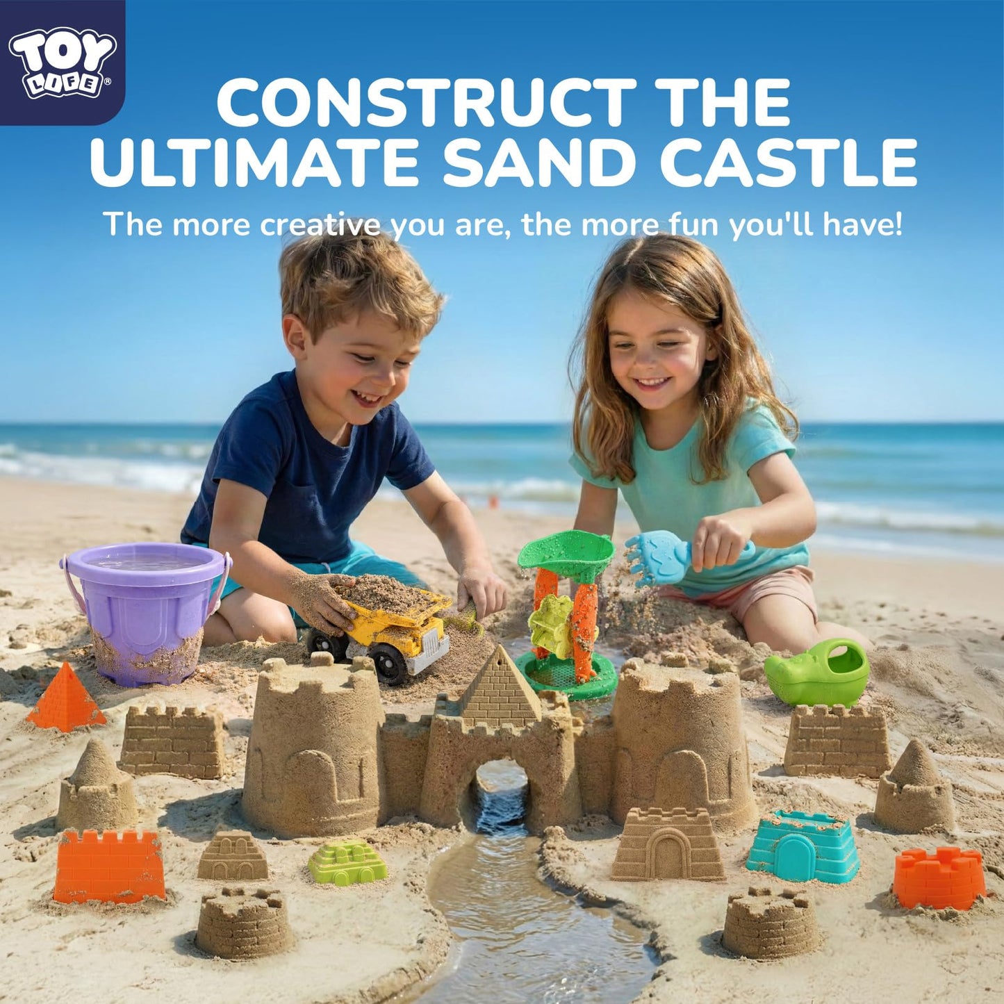 TOY Life 23 Pcs Beach Toys for Kids Sand Toys with Construction Cars Castle Bucket Shovels & Sand Castle Building Kit Molds, Sandbox Toy for Summer Water Play, Travel, Fishing