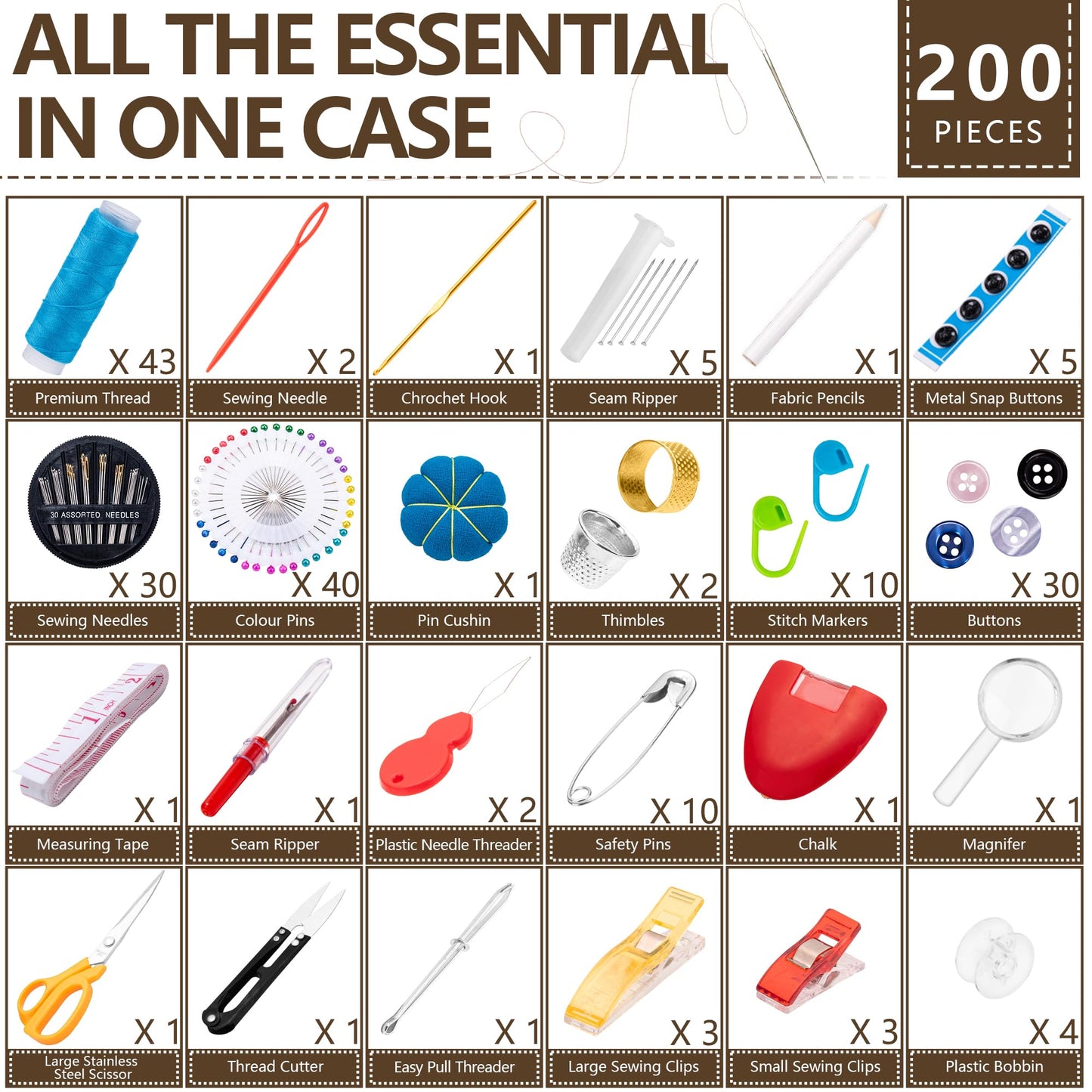 HOUSEEIGHT Sewing Kit - Over 200 Pcs Needle and Thread Kit Includes 43 Strong Threads,30 XL Needles, Sewing Kits for Adults for Emergency & Home Mini Sewing Kit for Beginners