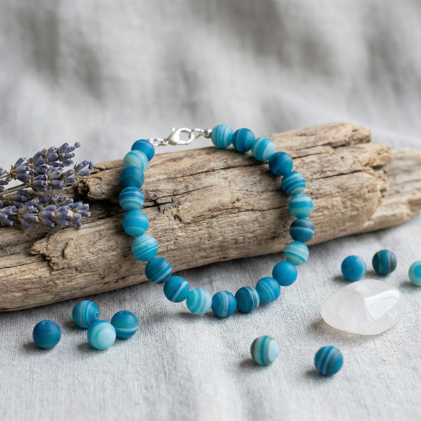 Yochus 60pcs Peacock Blue Dull Polish Matte Striated Agates Beads，6mm Healing Power Natural Stone Round Loose Beads for Jewelry Making Earring Necklace DIY Crafts