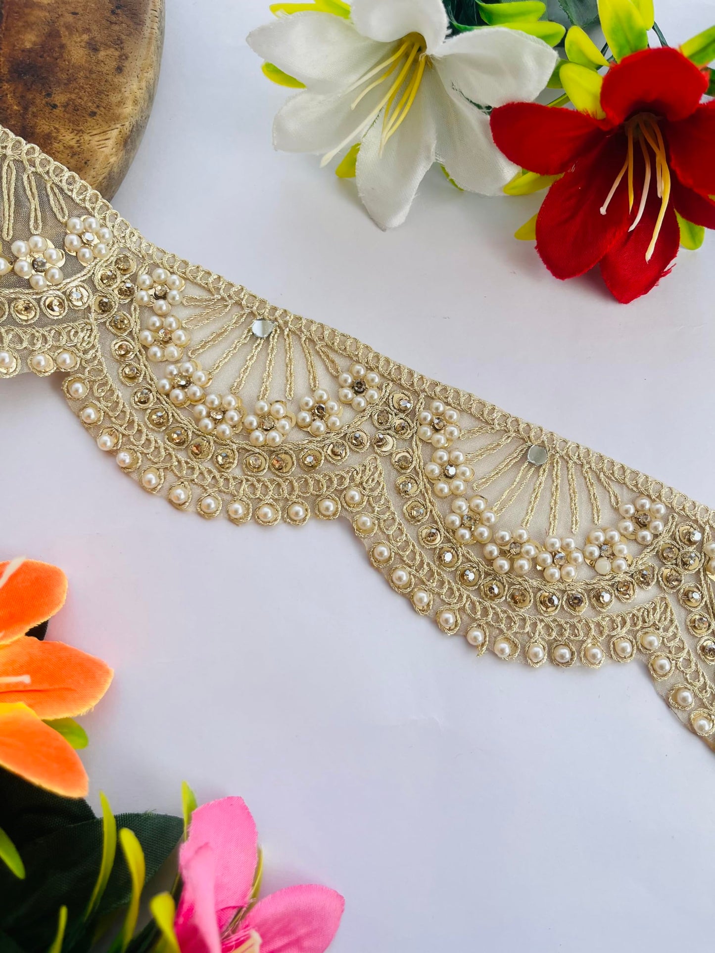 Soft Gold Scallop Lace Trim with Pearl and Rhinestone Embellishment, 2.25 Inch Wide, Available in 1, 3 and 6 Yard (1)