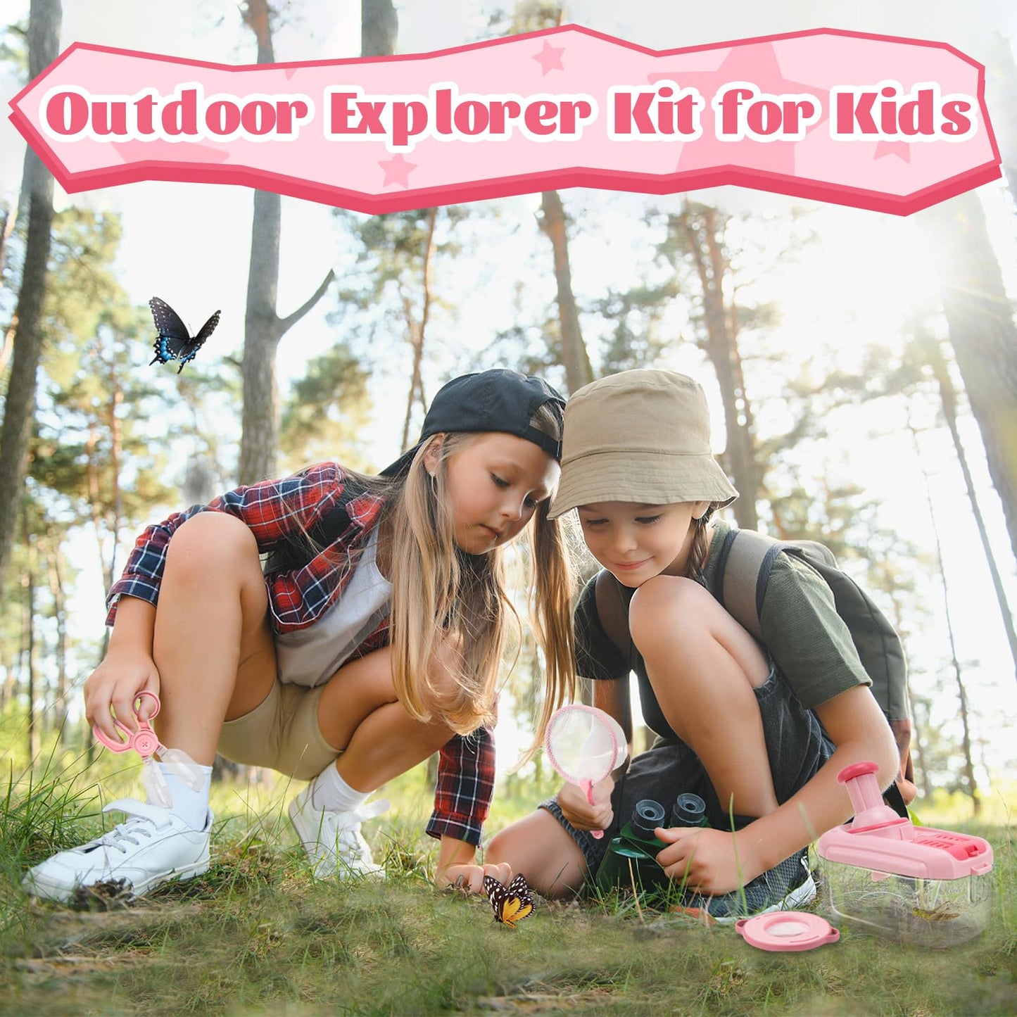 Funsland Bug Catcher Kit for Kids - 17 PCS Outdoor Explorer Kit Insect Catching Toys Nature Adventure Set for Boys 3 4 5 6 7 8 Year Old (Pink)