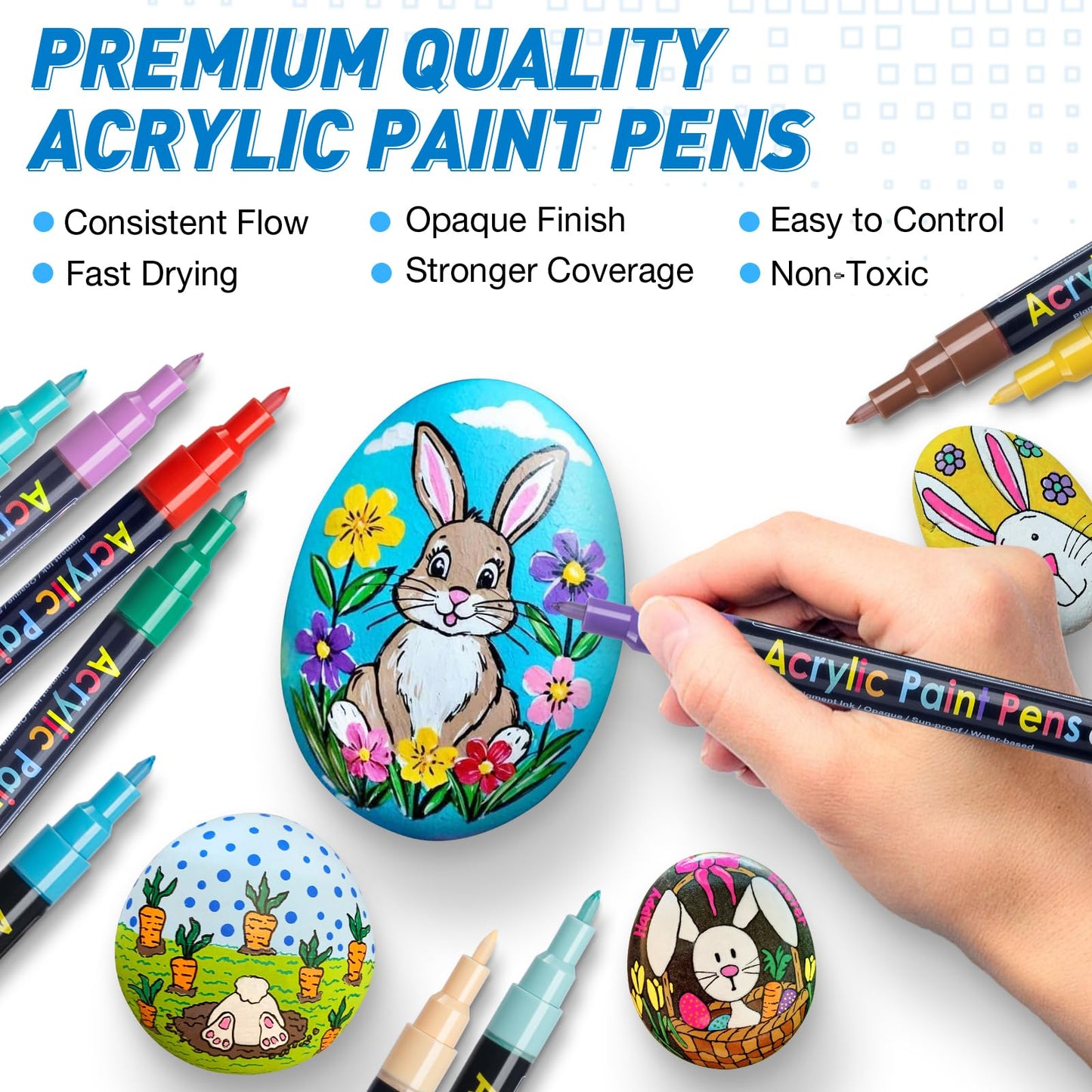 JR.WHITE Extra Fine Tip Acrylic Paint Pens Markers Set of 18: 0.7mm Fine Tip for Easter Eggs Decorating, Rock Painting, Glass, Wood, Ceramic – Easter Crafts, Scrapbooking Supplies, Drawing Art Crafts