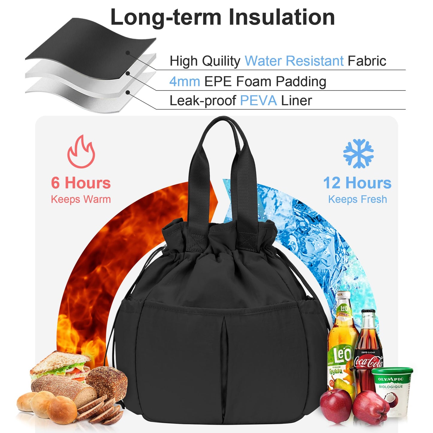 Hafmall Large Drawstring Lunch bag Women, Cute Lunch Box Leak-Resistant Lunch Tote for Picnic Work Office, Black