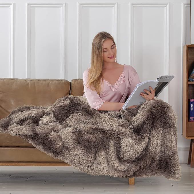 Tuddrom Decorative Extra Soft Faux Fur Blanket Twin Size,Solid Reversible Fuzzy Lightweight Long Hair Shaggy Blanket,Fluffy Plush Fleece Comfy Microfiber Throw Blanket for Couch Sofa Bed,Tie Dye Brown
