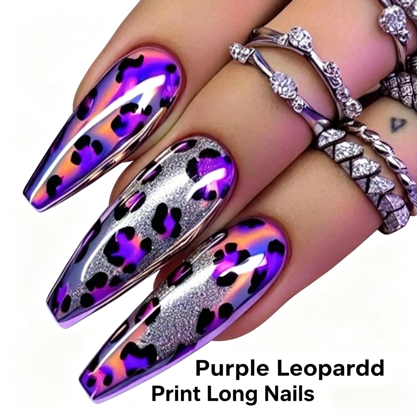 Chunmeng 24Pcs Long Ballet Press on Nails – Purple Halo Leopard Print, Reusable Salon Grade Fake Nails for Women
