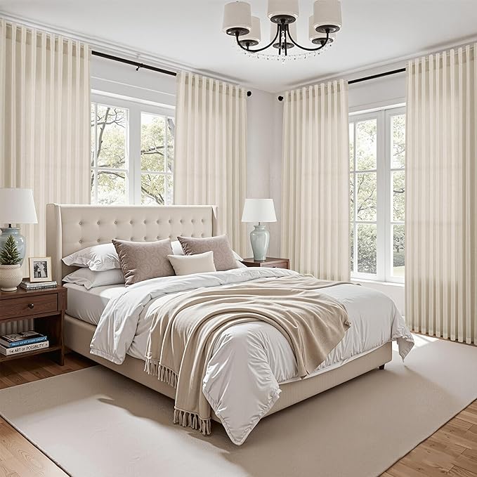 Birch Beige Linen 112 Inch Curtains for Living Room Light Filtering Semi Sheer Curtain Back Tab Modern Farmhouse Decor Elegant Coastal Drapes Floor to Ceiling High Window for Bedroom 52x112, 2 Panels