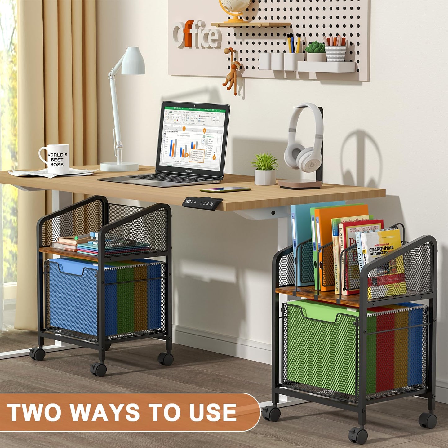Tiaoheka Rolling File Cabinet with Adjustable Dividers, Vertical Filing Cabinet with Storage Drawer on Lockable Wheels, Hanging File Organizer Beside Under Desk for Office, Home（Patent Pending）