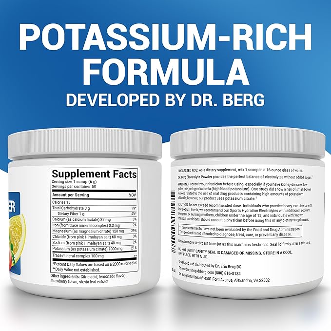Dr. Berg Zero Sugar Hydration Keto Electrolyte Powder - Enhanced w/ 1000 mg of Potassium & Real Pink Himalayan Salt (NOT Table Salt) - Strawberry & Lemonade Hydration Drink Supplement - 50 Servings
