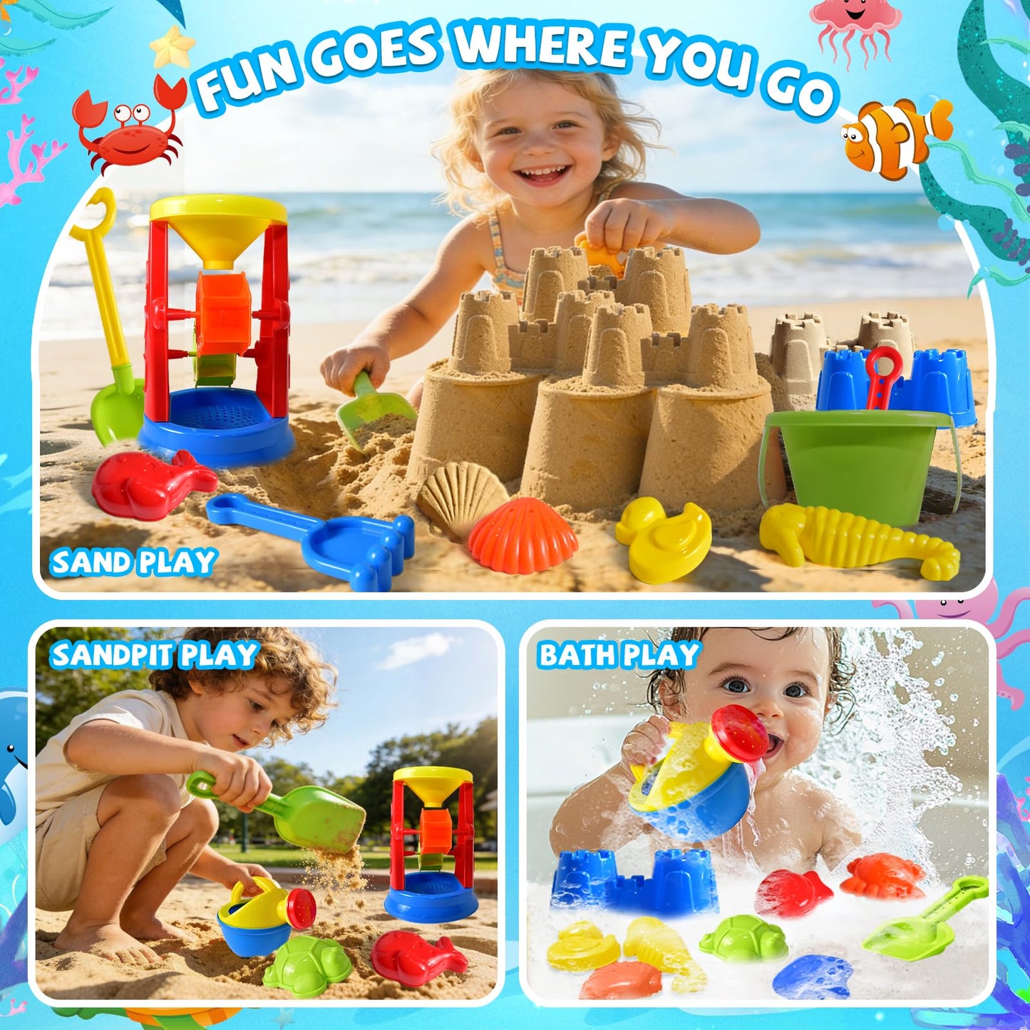 Beach Toys, 19 Piece Sand Toys Set Kids Sandbox Toys Includes Water Wheel Beach Tool Kit Bucket Watering Can Molds with Mesh Bag for Kids Ages 3-13
