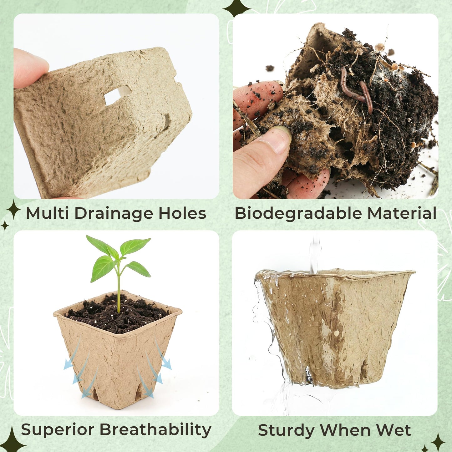 Verdanzia 100 Pcs Square Nursery Pots, 5 Pcs Seed Starter Tray, 2.6 inch Nursery Pots with Tray, Plastic Starter Pots for Planting Seeds, Reusable Seed Starting Pots with Drainage Holes (Kraft Paper)