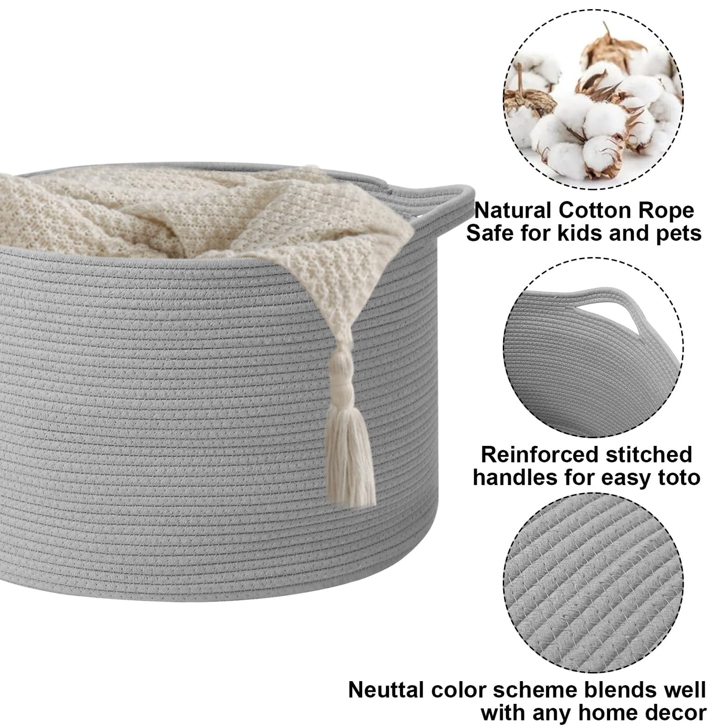 HZFTJOY 115L Extra Large Blanket Basket,Woven Rope Laundry Basket Hamper with Handles, Decorative Nursery Basket Storage Bin for Toys, Clothes Organizer, Living Room, Bedroom, Bathroom, Light Grey