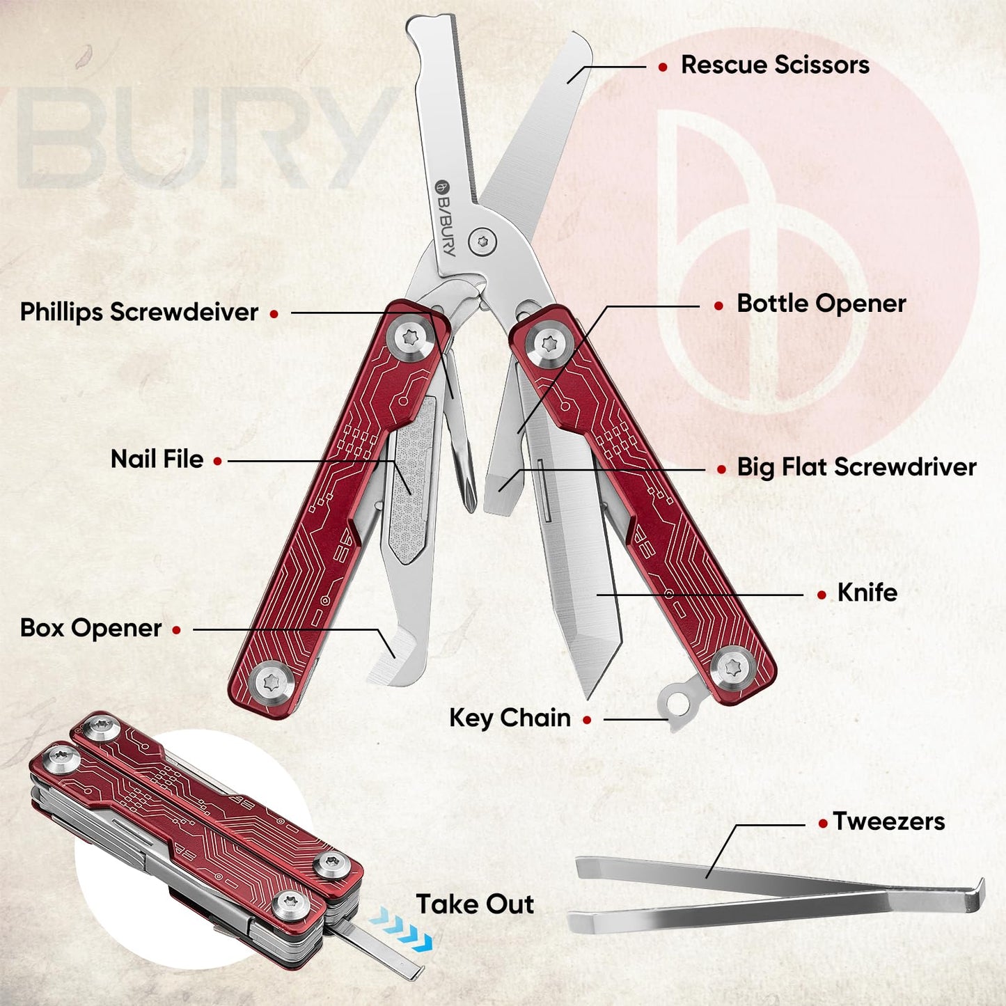 BIBURY Mini Keychain Multitool Scissors BI2061R, 9 in 1 Multitool EDC Scissors with Screwdriver, Bottle Opener, Pocket Knife, Spring -Mini Multi Tool for Outdoor, Daily Use, Gifts for Men and Women