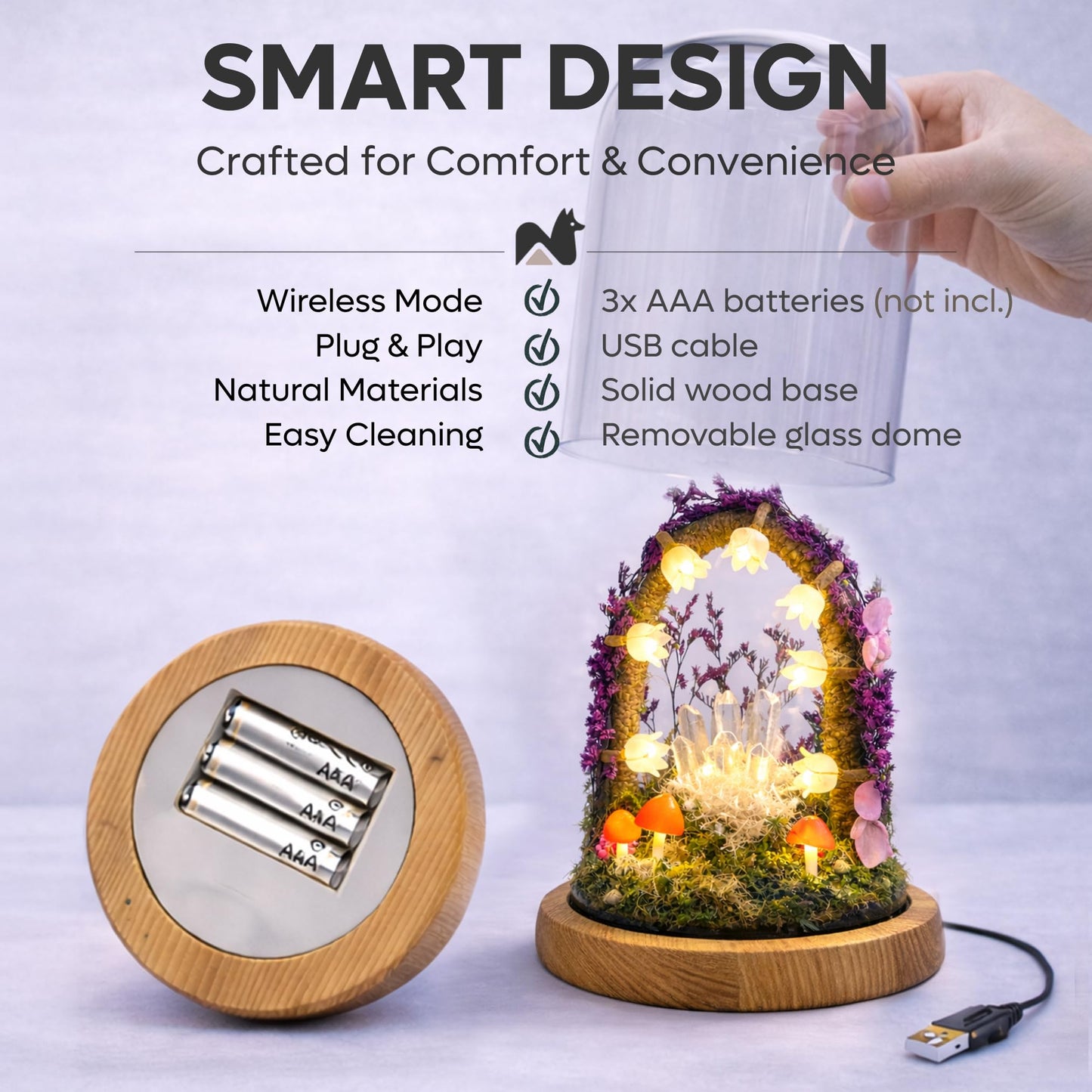 Nordic Notch Mushroom Night Light Lamp - Handmade Glass Dome Fairy Light with Solid Wood Base, USB or Wireless, Cozy Aesthetic Bedside Table Decor, Unique Gift | Purple Rain