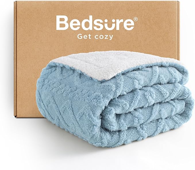 Bedsure Sherpa Fleece Throw Blanket for Couch - GentleSoft Fluffy & Cozy Cable Jacquard Tufted Throw for Women Gift, Thick and Warm Blankets for Winter, Blue, 50x60 Inches