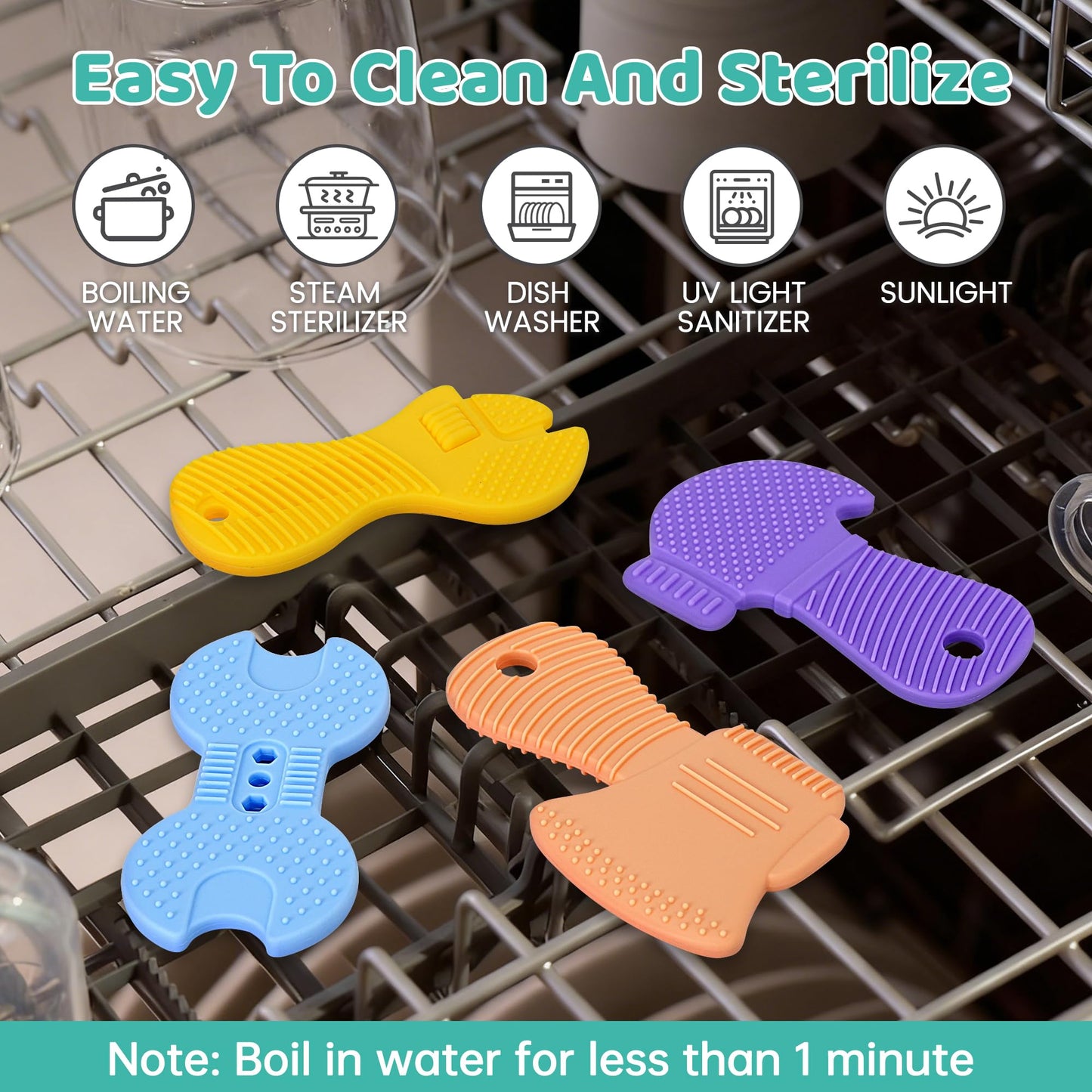 Baby Teething Toys, 4 Pack Silicone Baby Teether Toys with Pacifier Clips, Tool Shape for Babies 0-6 6-12 Months, Multi-Texture Gum Massage Teething Relief, Easy Grip for Newborn Infant Toddler