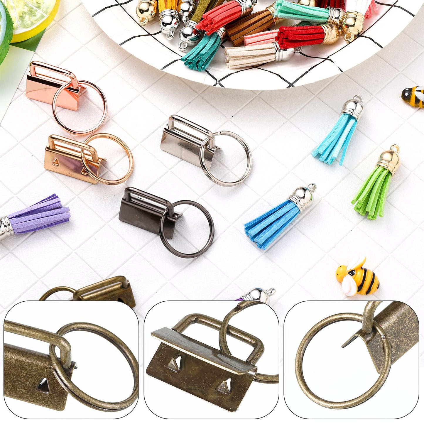 Furge 72 Pieces Key Fob Hardware Set Including 24 Wristlet with Keyring, Colorful Leather Keychain Tassel and Swivel Snap Hooks for Supplies, 6 Colors, Multicolor, Large