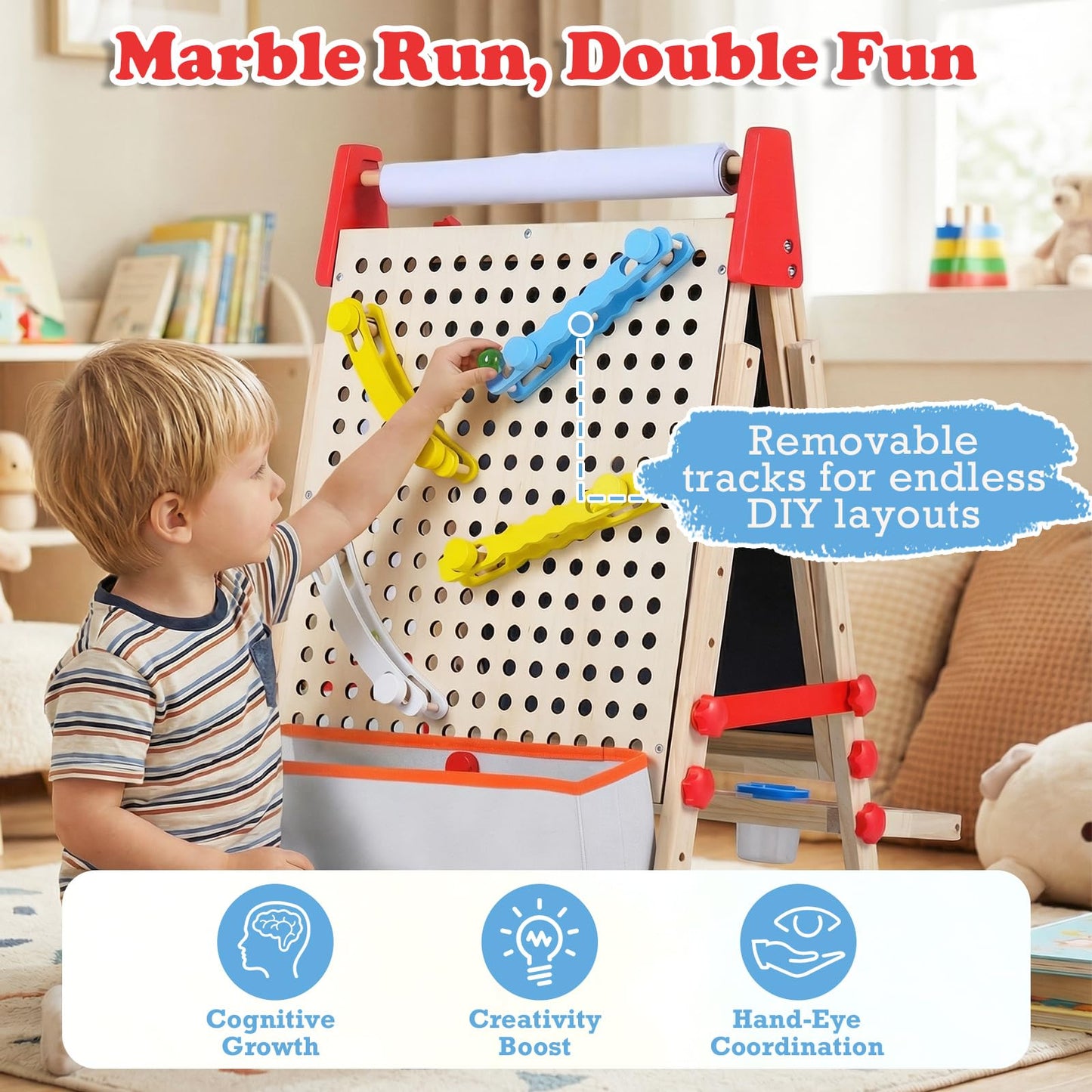 OLAKIDS 4 in 1 Easel for Kids with Marble Run, Magnetic Whiteboard, Chalkboard, Drawing Paper Roll, 6-Level Adjustable Height for Toddlers Ages 3-10