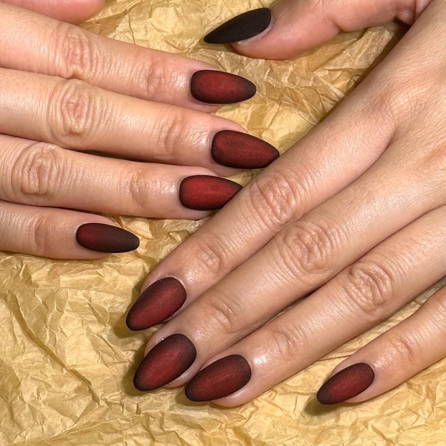 Velvet Matte Burgundy Almond Press On Nails, 10Pcs Reusable Fake Nails Manicure Kit with Adhesive Tabs for Women
