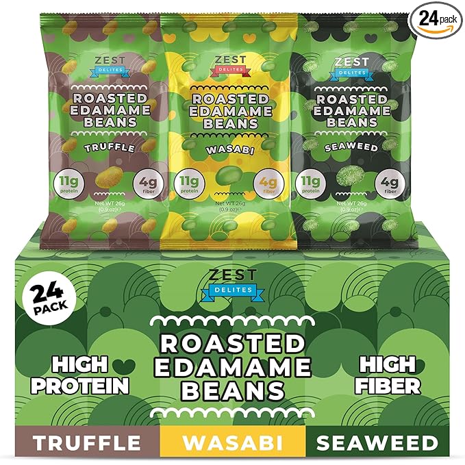 Crunchy Dry Roasted Edamame Beans Snack by Zest Delites, Truffle - Seaweed - Wasabi, Vegan, Low Calorie (120cal) High Protein Snacks (11g), Low Carb, Keto, 0.9 oz 24 Packs