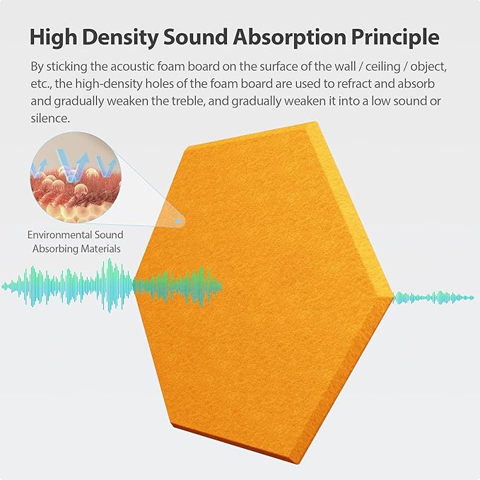 Amantech 12 Pack Acoustic Panels Self Adhesive Sound Proof Foam, High Density Sound Acoustic Foam Panel, 12X10.23X0.4 Inch Hexagon Wall Panels in Home, Office, Reccording Room, Studio(Orange)