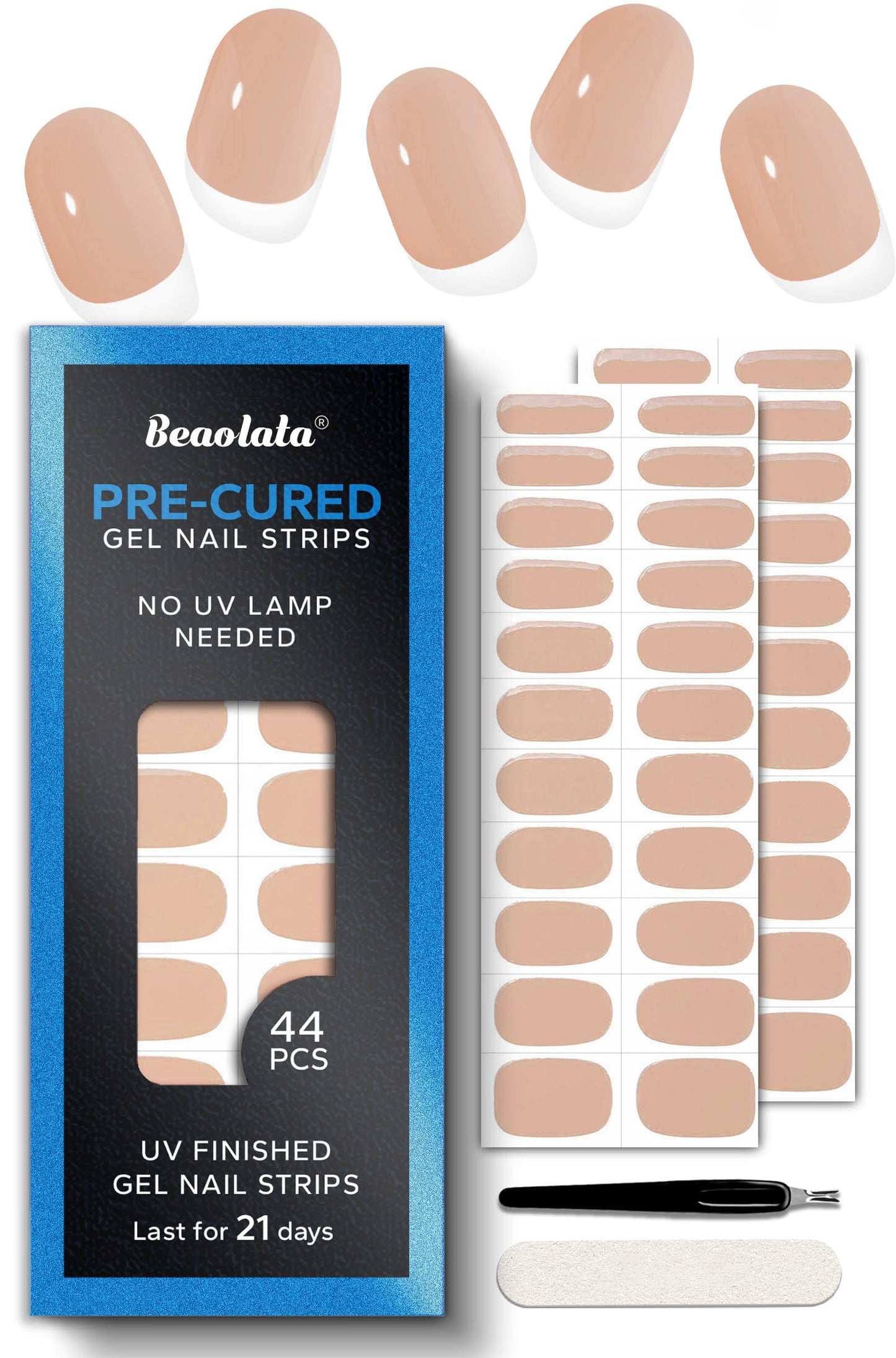 Beaolata Real Gel Nail Strips (No UV Light Needed) - 44Pcs Salon Quality Nail Stickers - Long Lasting Polish Wraps for Women, Easy Apply & Remove (Coconut Milk Nude)