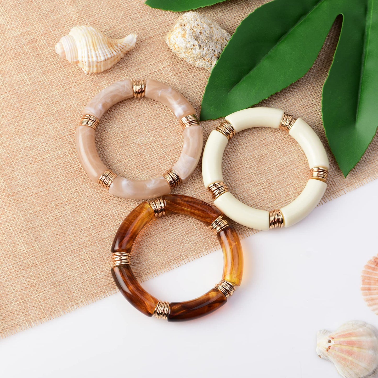 GOOJIDS Simple Beaded Gold Plated Bangles Bracelet Chunky Bamboo Tube Curved Stacking Acrylic Colorful Beads Stretchable Gold Plated Bracelets Set For Women