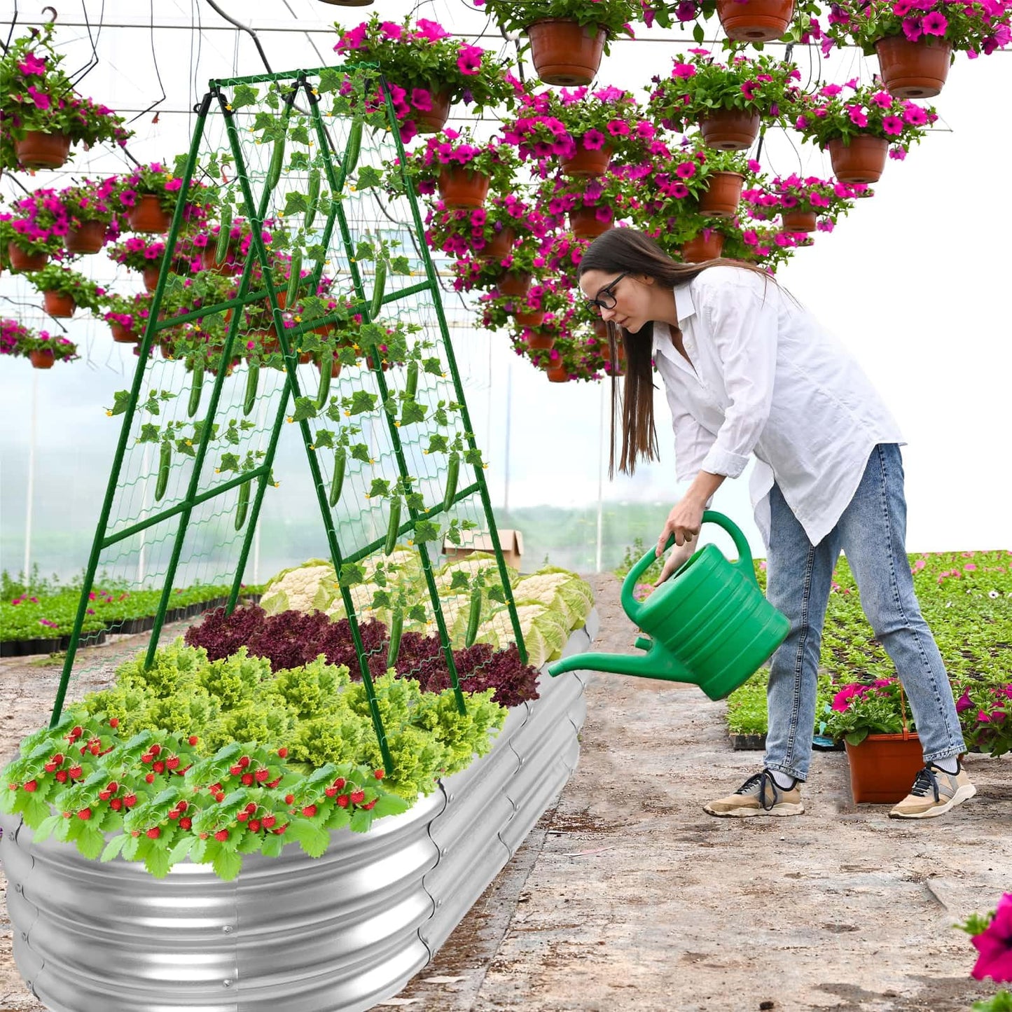 Galvanized Raised Bed with Cucumber Trellis, Garden Arch Trellis Outdoor Reusable A-Frame Metal Trellis with Trellis Net for Pea Vegetable Bean Grape Vines Flowers Climbing Plants Stand Support