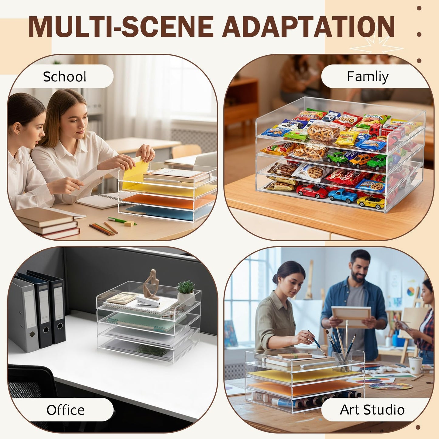 Harloon 4 Tier Acrylic Paper Tray, 13 x 10 x 1.7 Inches, Heavy Duty Stackable Organizer for A4/letter Paper, No Assembly Required, Transparent Acrylic File Storage for Office Workspace Desktop Storage