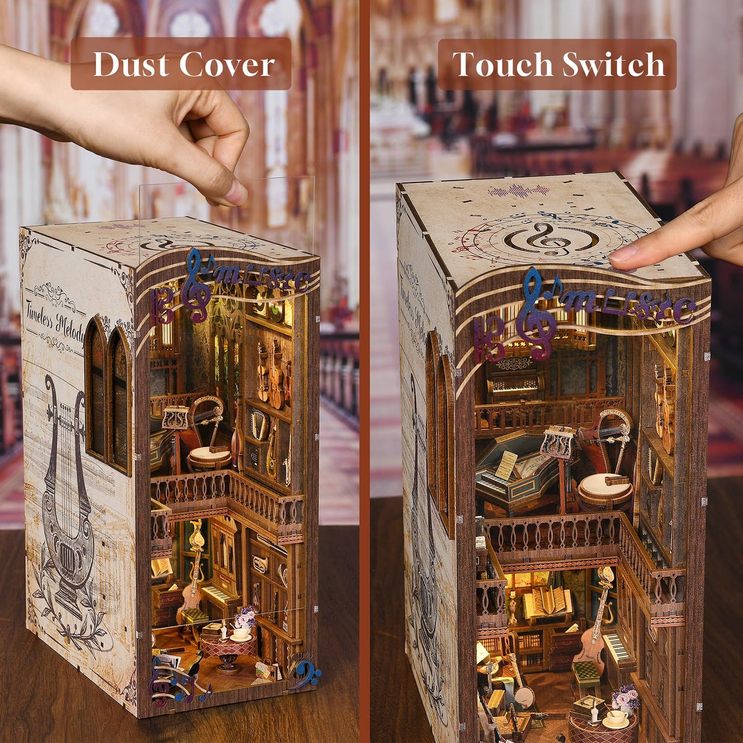 fifijoy Book Nook Kit - Timeless Melody DIY Miniature House Kit, 3D Wooden Puzzle Bookend Bookshelf with LED Light for Adults (Timeless Melody)