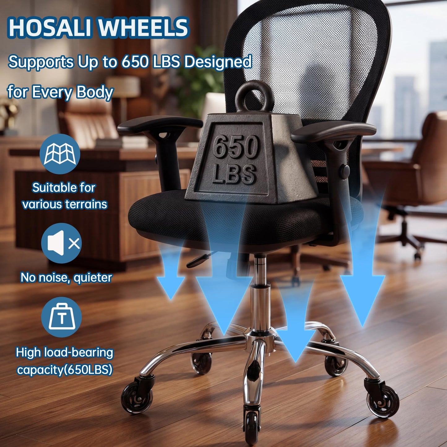 HOSALI 3 Inch Office Chair Wheels - Rubber Chair Casters Replacement, Heavy-Duty Computer Gaming Desk Caster Wheel Smooth & Safe Rolling for All Floors Including Hardwood and Carpet, Set of 5