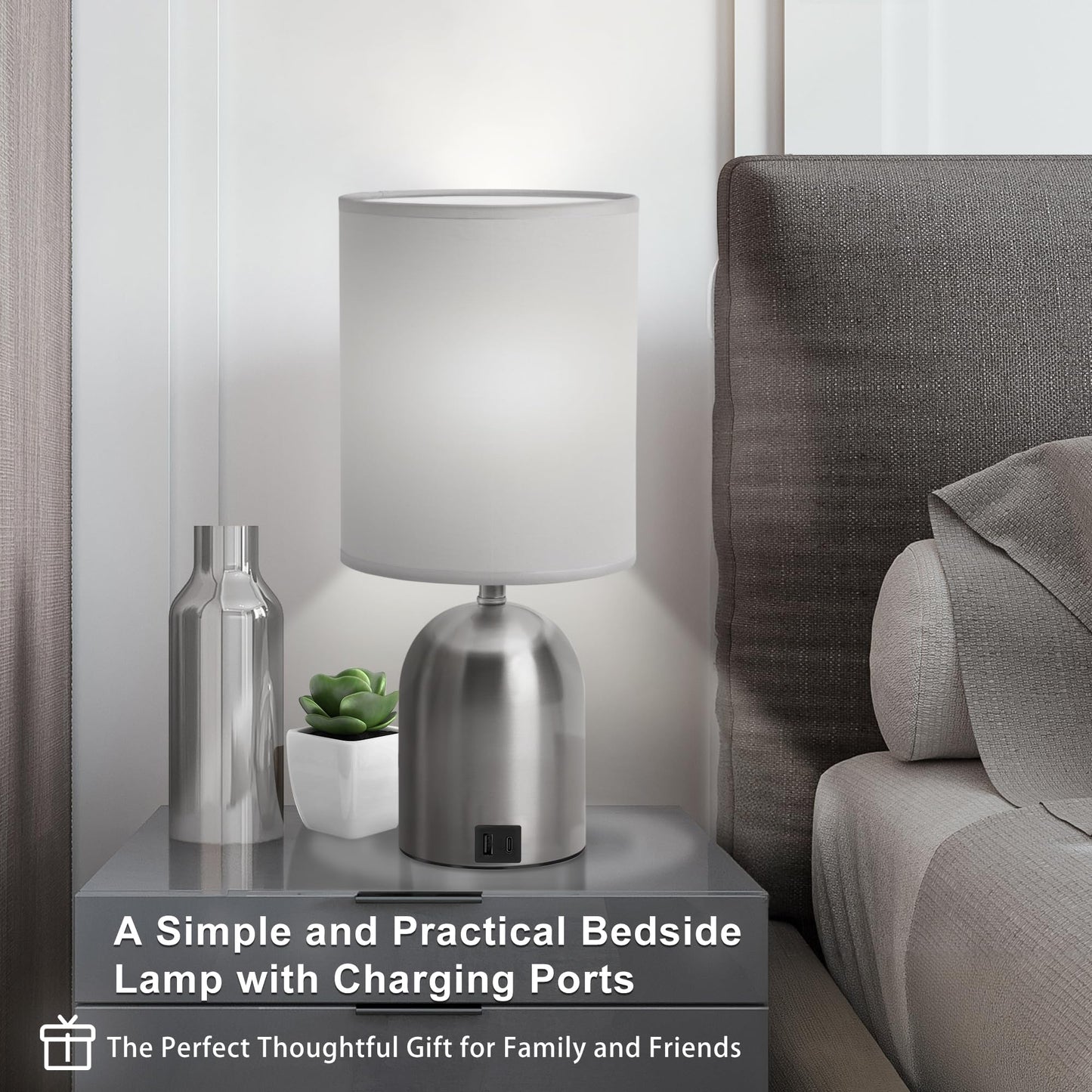 Fttoyoly Bedside Table Lamp for Bedroom, 3 Way Dimmable Touch Small Desk Lamp for Office with USB Charging Port Lamps for Living Room, Bedroom, Reading Room, Office, Grey/Sliver, Silver