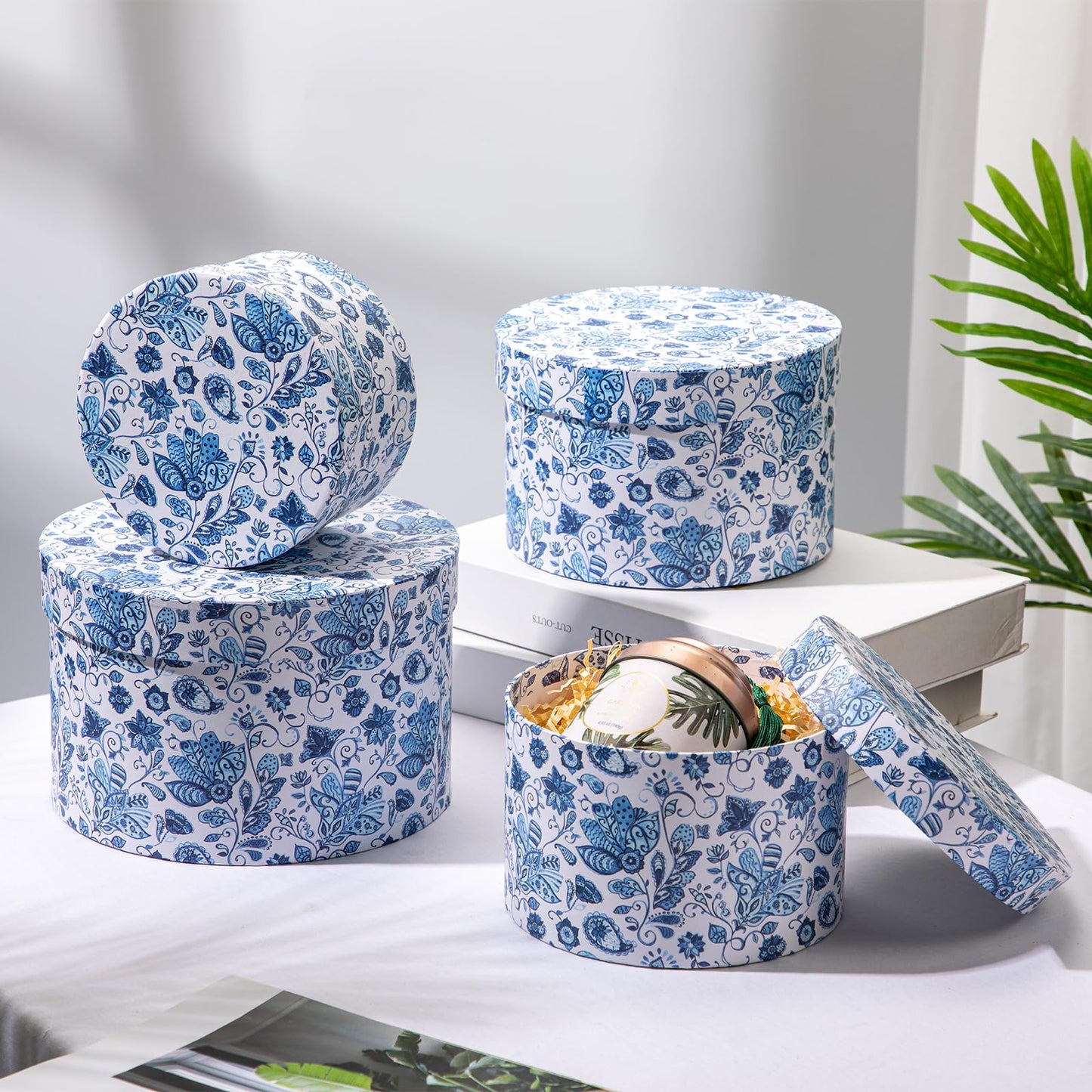 Briful Round Gift Boxes with Lids 4PCS Blue Flower Print Gift Box for Presents Nesting Assorted Sizes Present Boxes for Christmas Birthday Valentines Party Gift Wrap