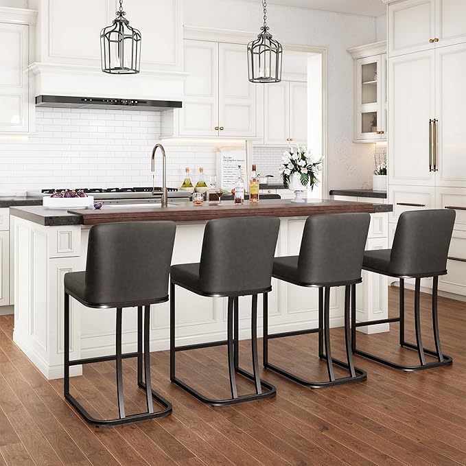 PHI VILLA Dark Grey Bar Stools Set of 4, Faux Leather Counter Height Chairs, Kitchen Stools for Island, 24 Inch Barstools with Back