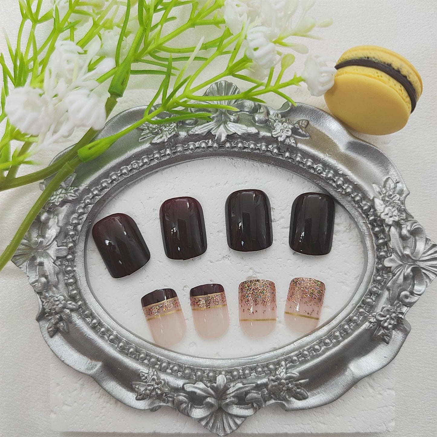 Fall Press-on Square Short French Tip Brown False Nails with Golden Glitter Designs - Glossy Glue-on Artificial Stick-on Nails for Women - 24 Pcs