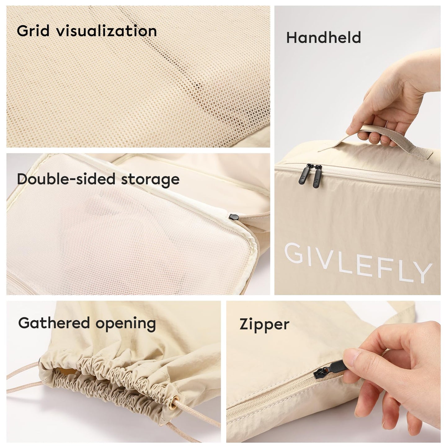 GIVLEFLY 6 Set Compression Packing Cubes for Travel, Lightweight Luggage Organizer Bags, Durable Travel Accessories for Suitcase Organization,Beige