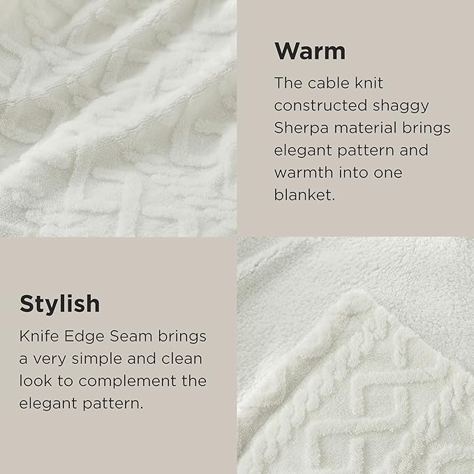 Bedsure Sherpa Fleece Blanket Twin Size for Bed - GentleSoft Fluffy & Cozy Cable Jacquard Tufted for Women Gift, Thick and Warm Blankets for Winter, Cream, 60x80 Inches