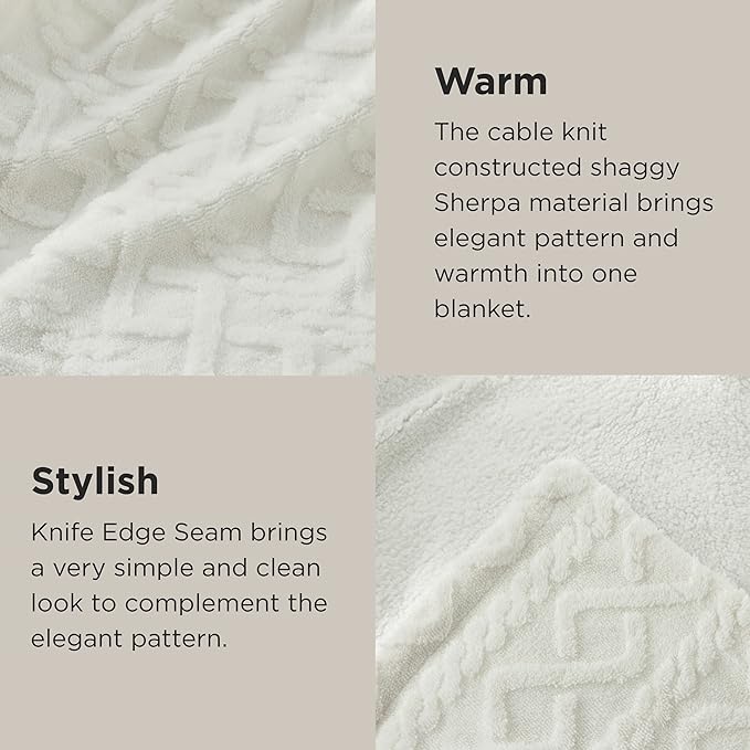 Bedsure Sherpa Fleece Throw Blanket for Couch - GentleSoft Fluffy & Cozy Cable Jacquard Tufted Throw for Women Gift, Thick and Warm Blankets for Winter, Cream, 50x60 Inches