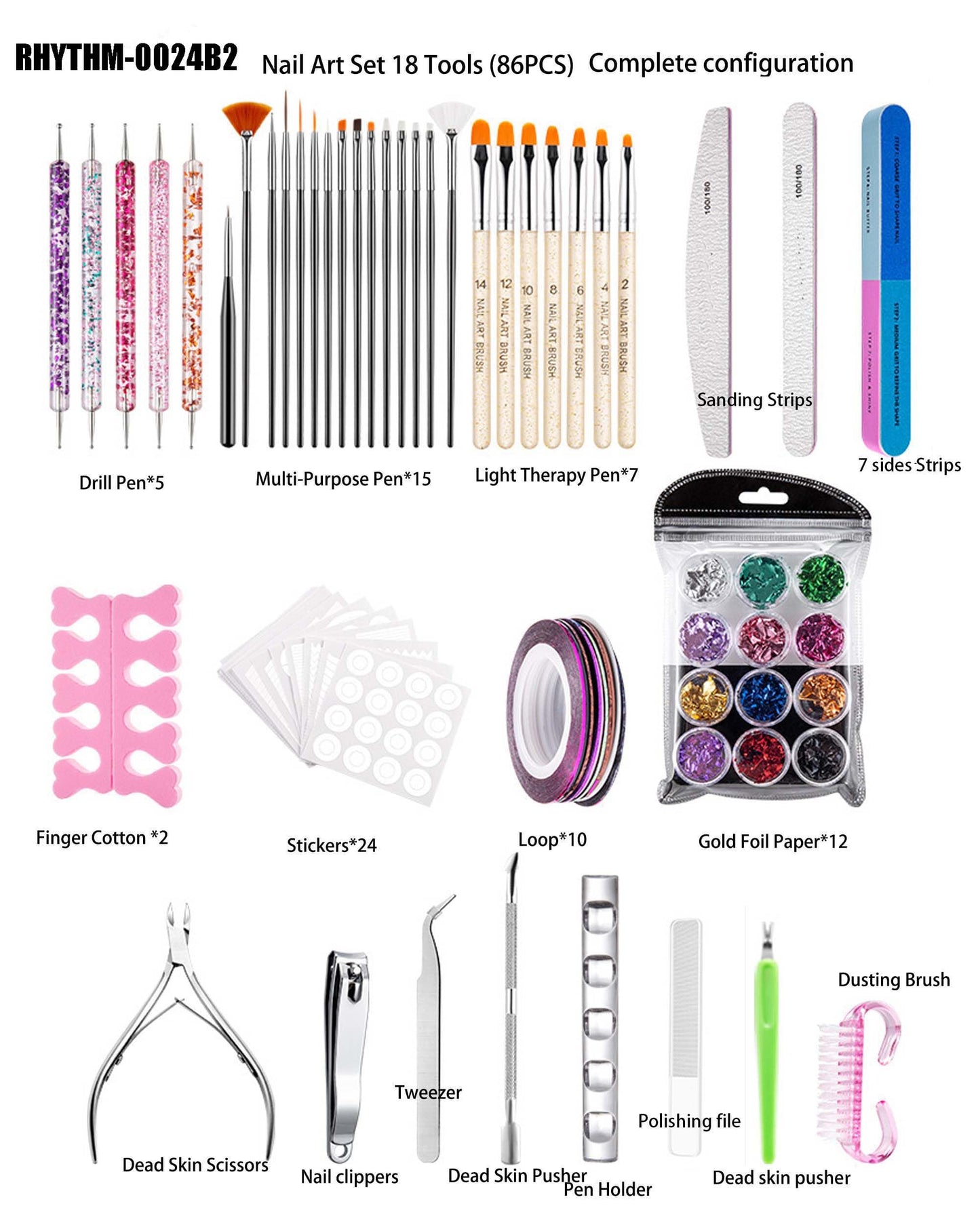 UNI-RHYTHM Nail Art Tools Kit, 8kinds of nail art brush Set with Hand Tools and Accessories for Manicure, 36pcs in total(RHYTHM-0024C)