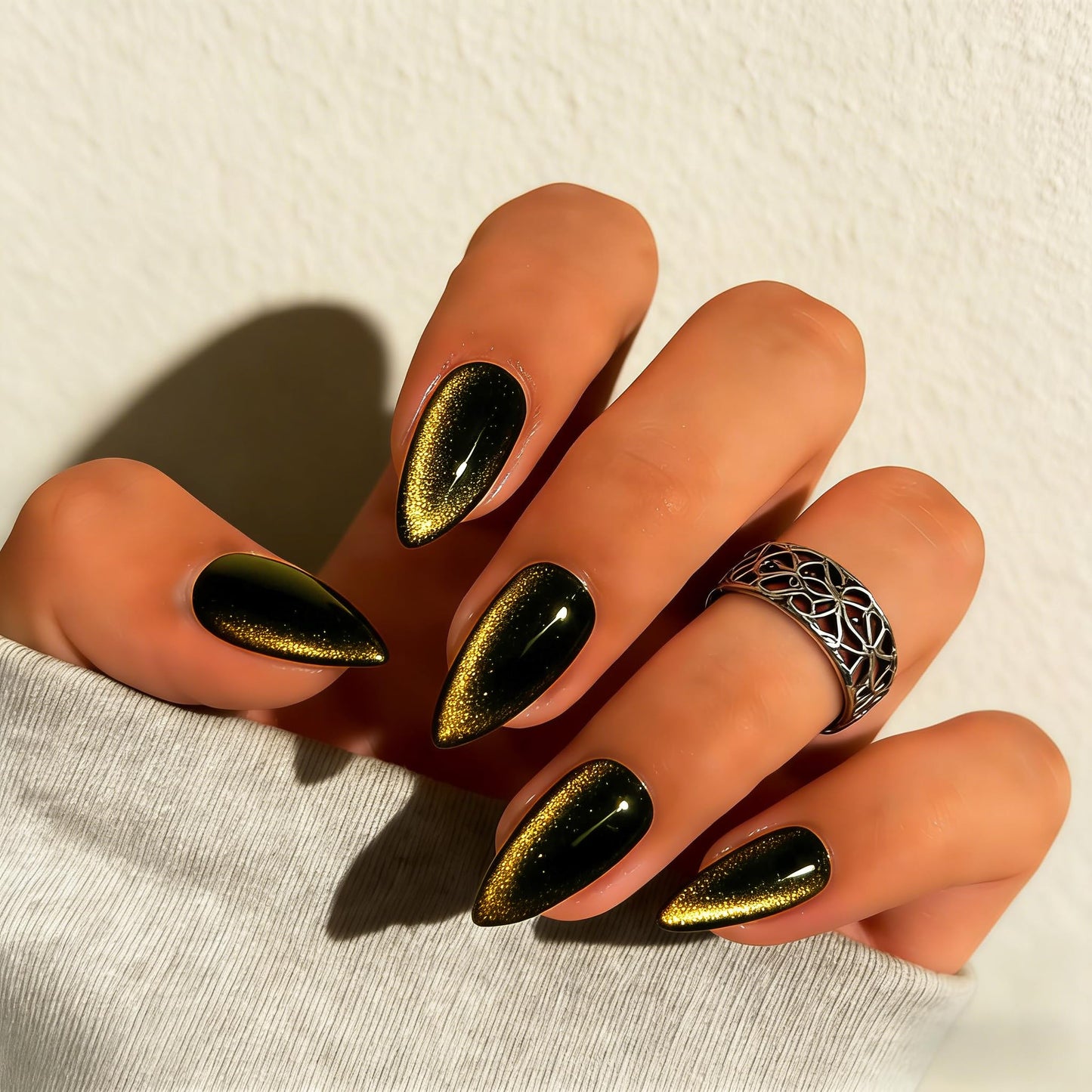 KQueenest Cat Eye Press On Nails Almond - Dark Gold Press On Nails Medium Stiletto, 30 Pcs 15 Sizes Glitter Fake Nails Press ons Black, Upgrade Thick Quality, Reusable Glue on Nail for Women Party