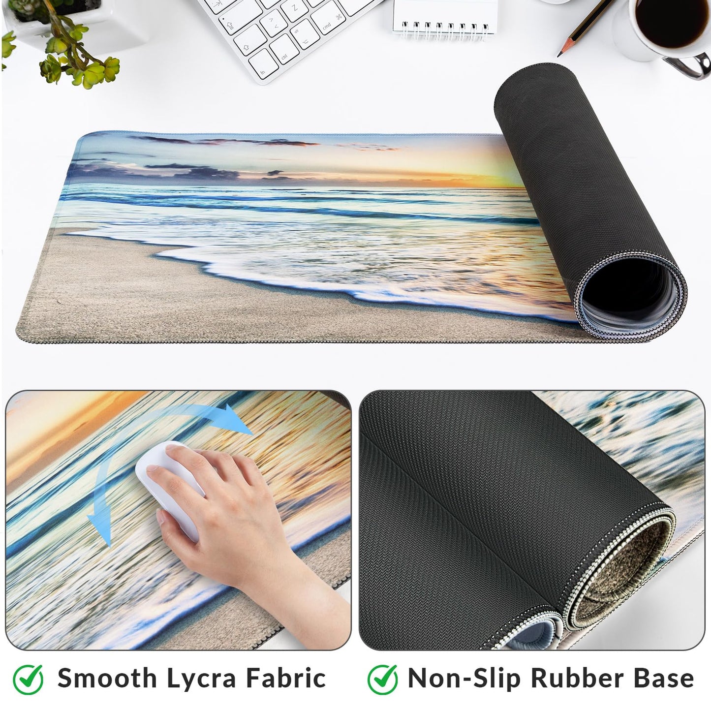 Large Gaming Mouse Pad with Coaster, Desk Matt for Desktop, Desk Pad, Mouse Pads Mat, Stitched Edges Big Extended Mousepad for Computer Keyboard Laptop Office Decor, 31.5'' x15.6''-Beach