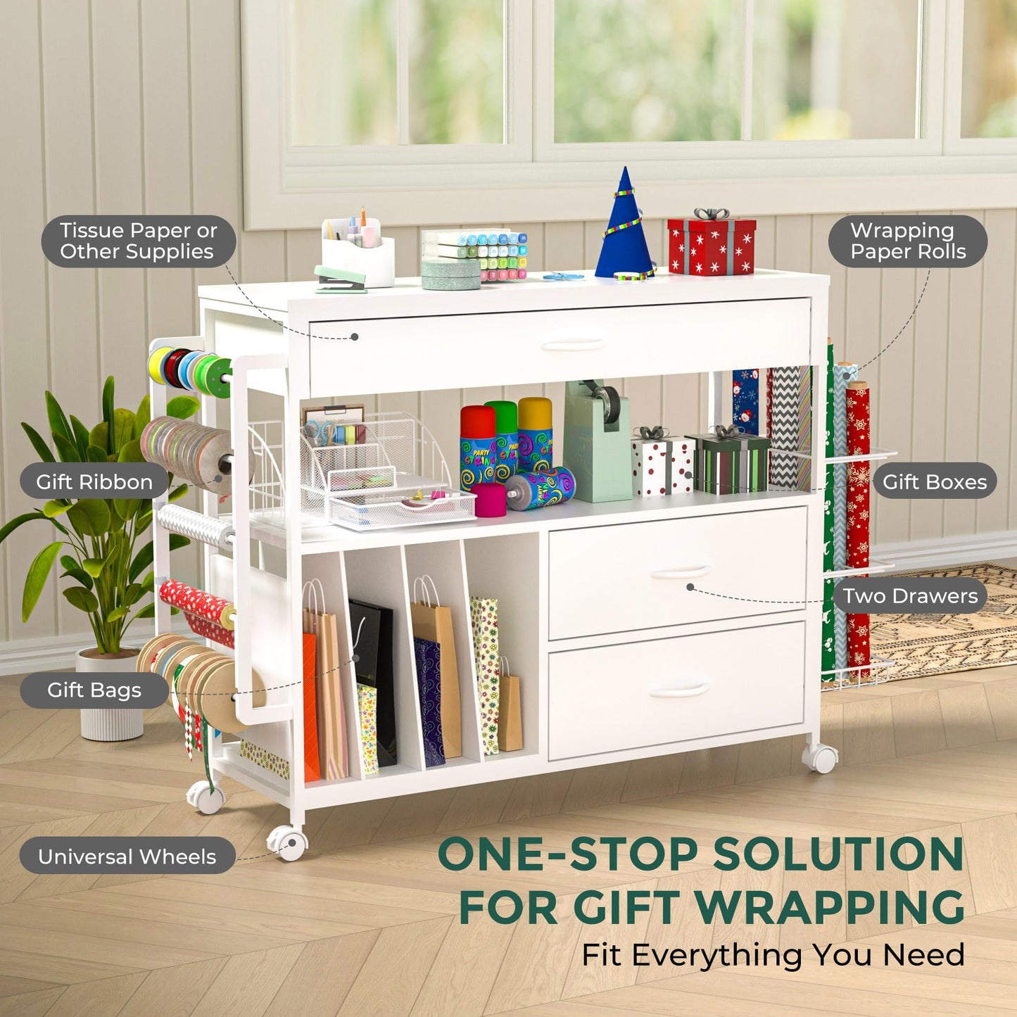 Anrigeail Wrapping Paper Storage & Organizer, Craft Cart with Ribbon & Gift Bag Storage, Wrapping Paper Organizer Holder(3 Wooden Drawers-White)
