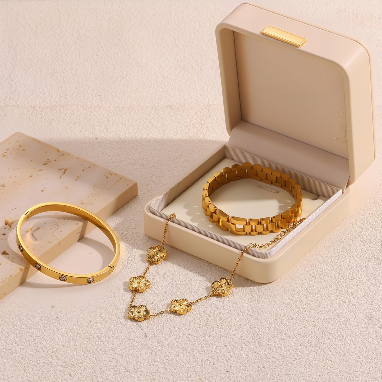 ISELBDR 2PCS 18K Gold Chain Link Bracelets for Women - Stackable Love & Friendship Theme Bangle Bracelet Set,Non-Tarnish Stainless Steel Jewelry with Adjustable Tool. (3pcs-Gold)