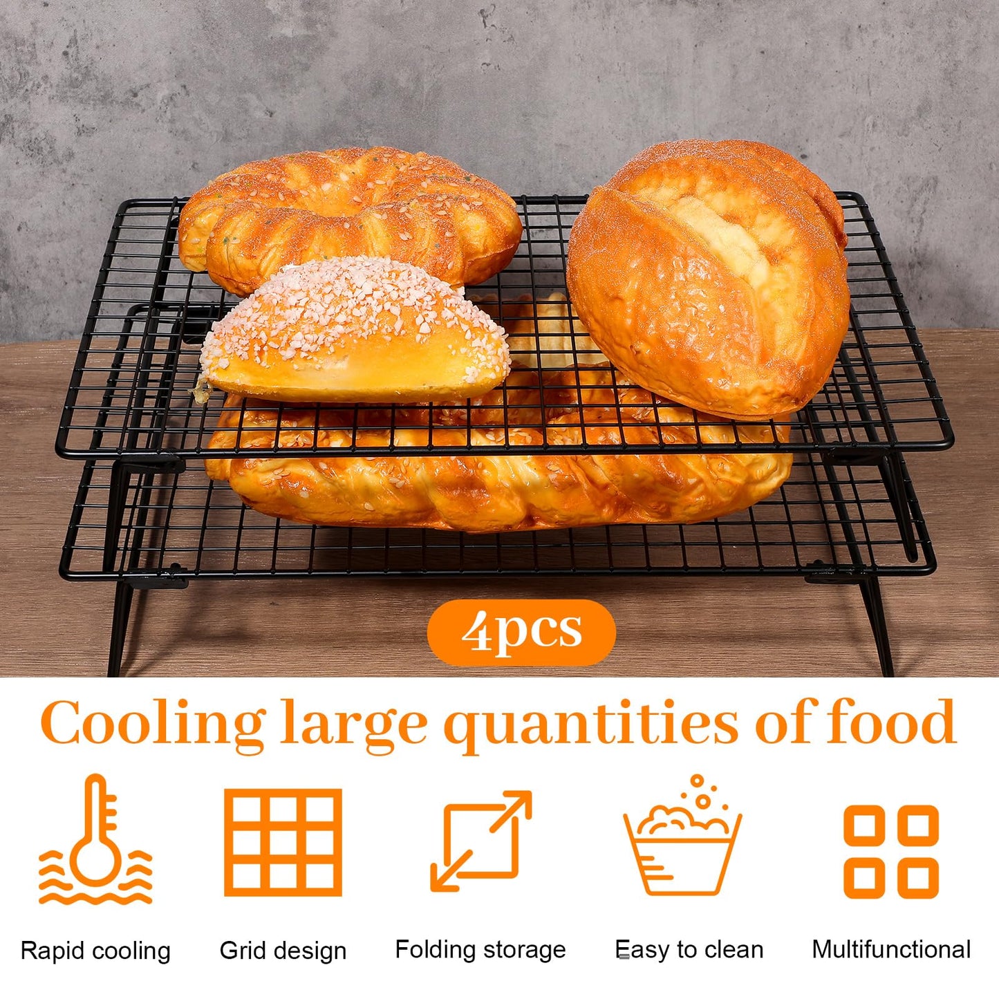 4 Pcs Cooling Racks, 13.4x9.45 Inch Cookie Cooling Racks For Baking, Stackable Carbon Steel Wire Rack with Folding Legs For Cooking, Roasting, Grilling